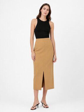 MESHKI CAMEL HIGH RISE FRONT SLIT MIDI PENCIL SKIRT - 10